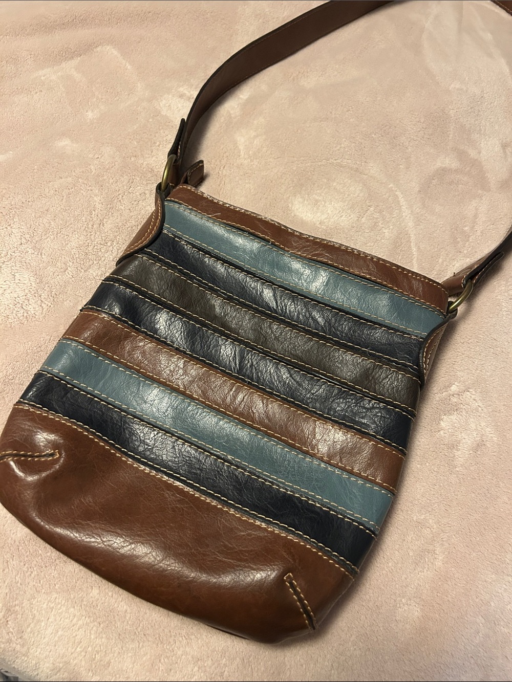 Striped Leather Crossbody Bag in Brown, Navy & Teal